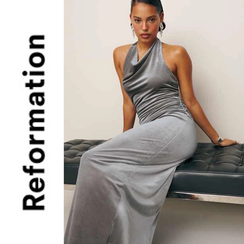 Reformation Jazlyn Knit Maxi Dress Silvery Gray Velvet Special Occasion Sz Large